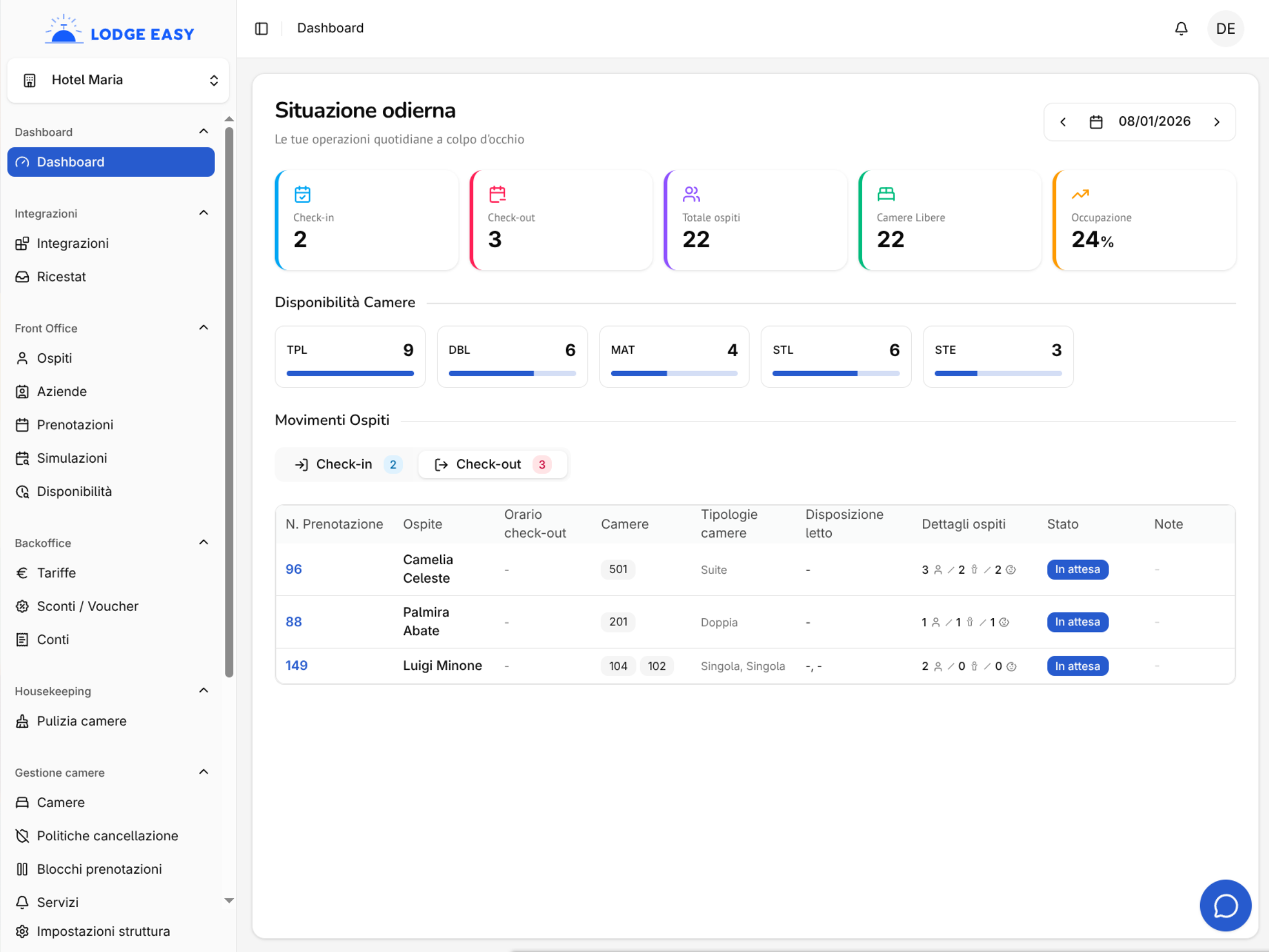 Lodge Easy application screenshot showing the main dashboard